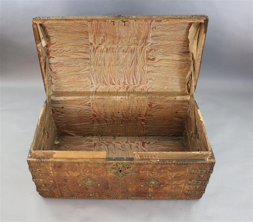 A 17th century Russian leather travelling trunk, W.3ft 10in. D.2ft 1in. H.1ft 11in.